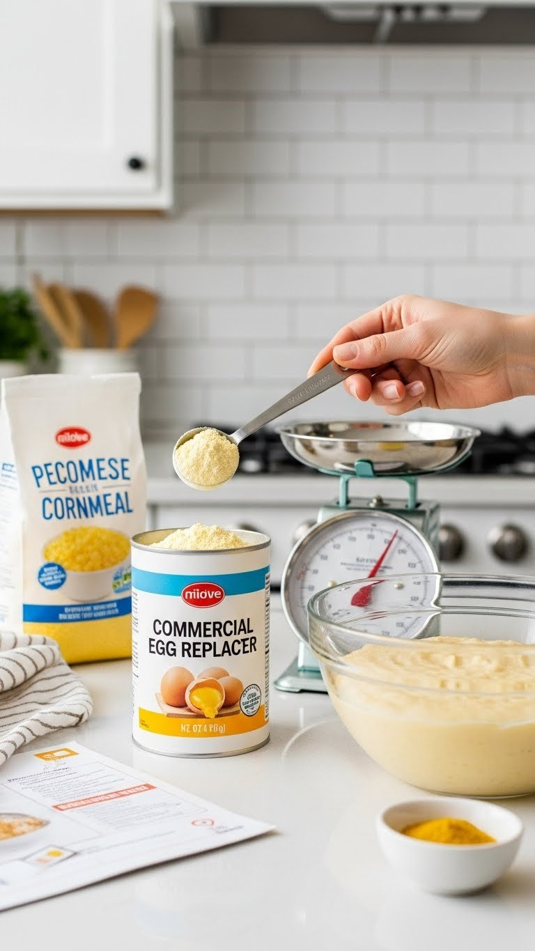 Measuring Spoon Dipping Into Commercial Egg Replacer Powder Next To Cornbread Batter For Convenient Vegan Baking.