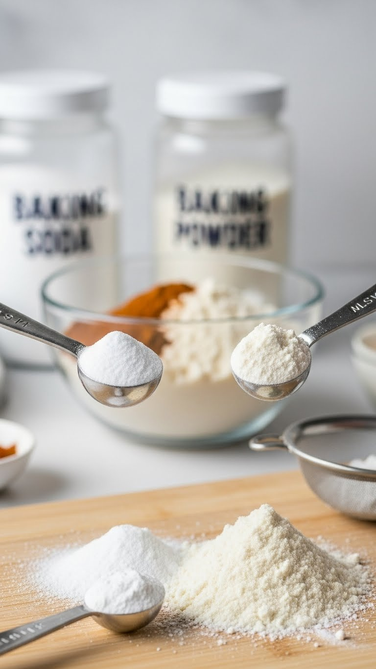 Measuring Spoons Filled With Baking Soda And Baking Powder Positioned Over Almond Flour Mixture In Mixing Bowl