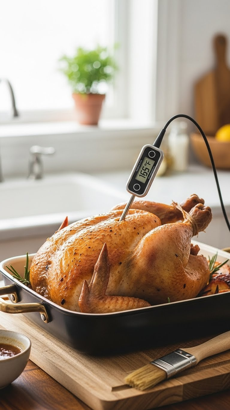 Meat Thermometer Inserted Into Perfectly Cooked Roasted Chicken Showing Internal Temperature