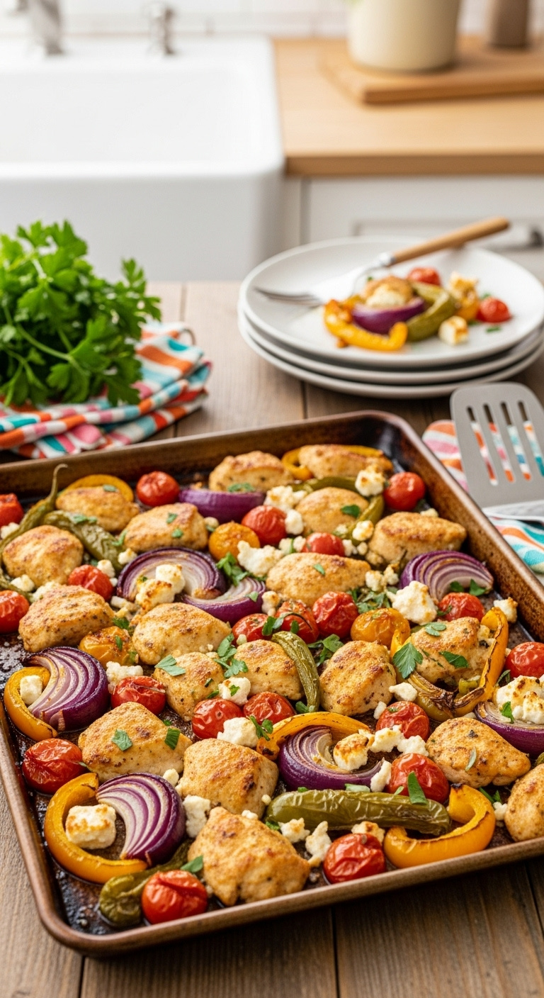 Mediterranean Chicken Sheet Pan Dinner With Chicken Red Onions Bell Peppers Cherry Tomatoes Feta And Parsley