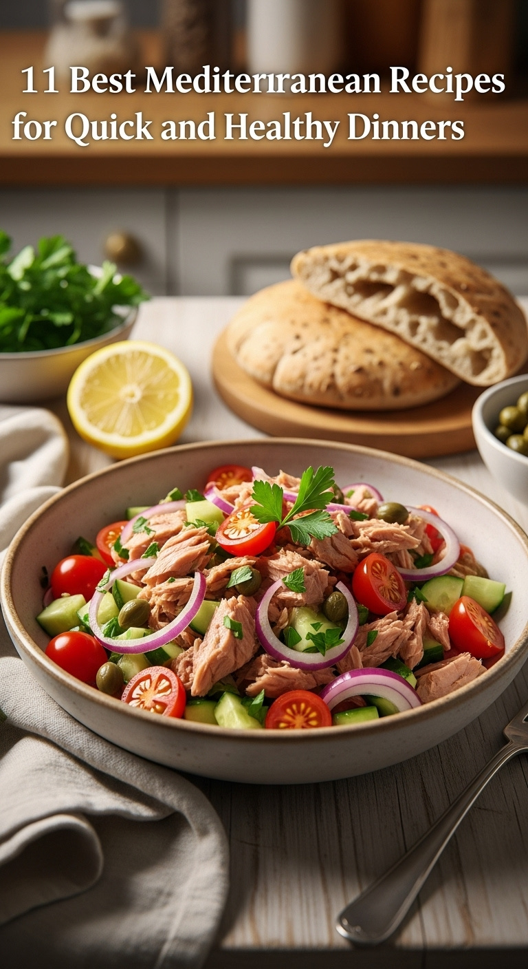 Mediterranean Tuna Salad With Red Onion Cucumber Cherry Tomatoes And Capers In A Ceramic Bowl With Pita Bread And Lemon