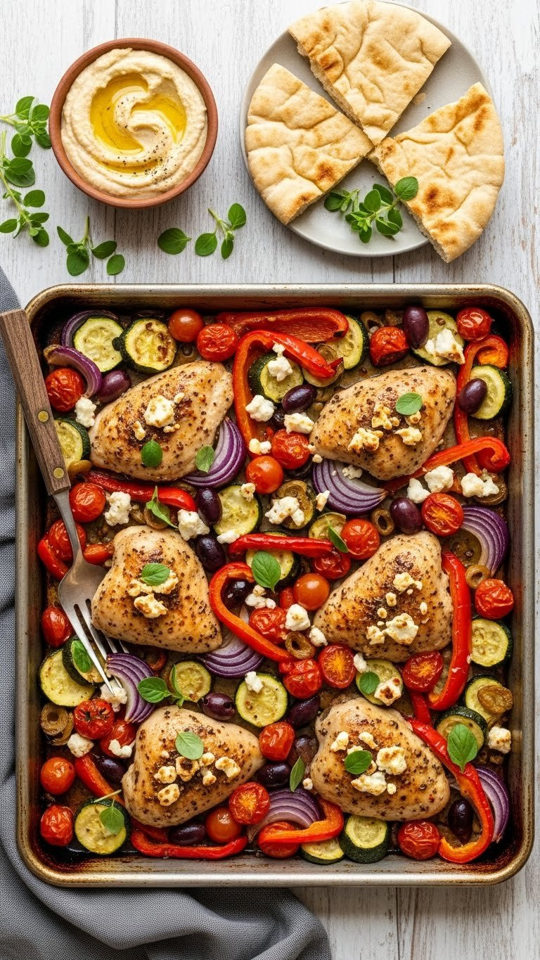Mediterranean Baked Chicken And Vegetables With Feta Cheese And Olives On Sheet Pan In Bright Kitchen Setting