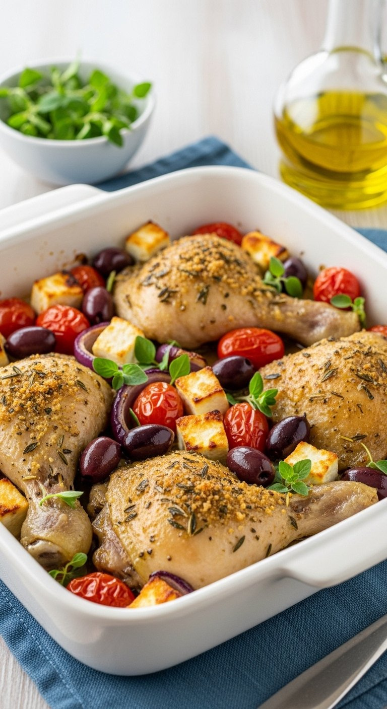 Mediterranean Baked Chicken Pieces With Cherry Tomatoes Kalamata Olives And Feta Cheese.