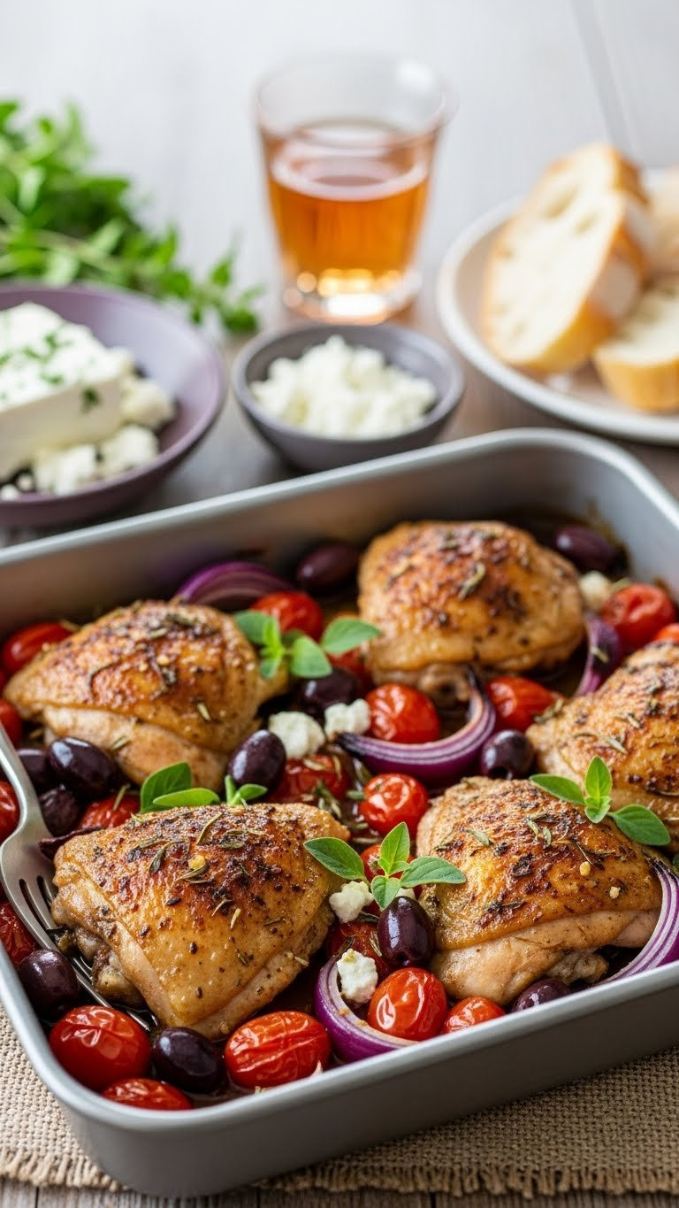 Mediterranean Baked Chicken Thighs With Cherry Tomatoes, Olives And Feta Cheese In Metal Pan