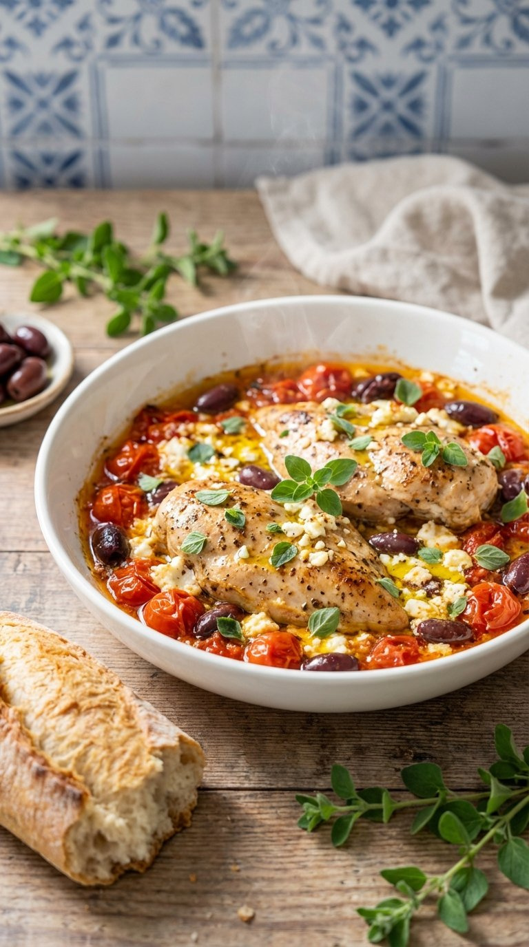 Mediterranean Baked Chicken With Cherry Tomatoes, Olives, And Feta Cheese In White Bowl