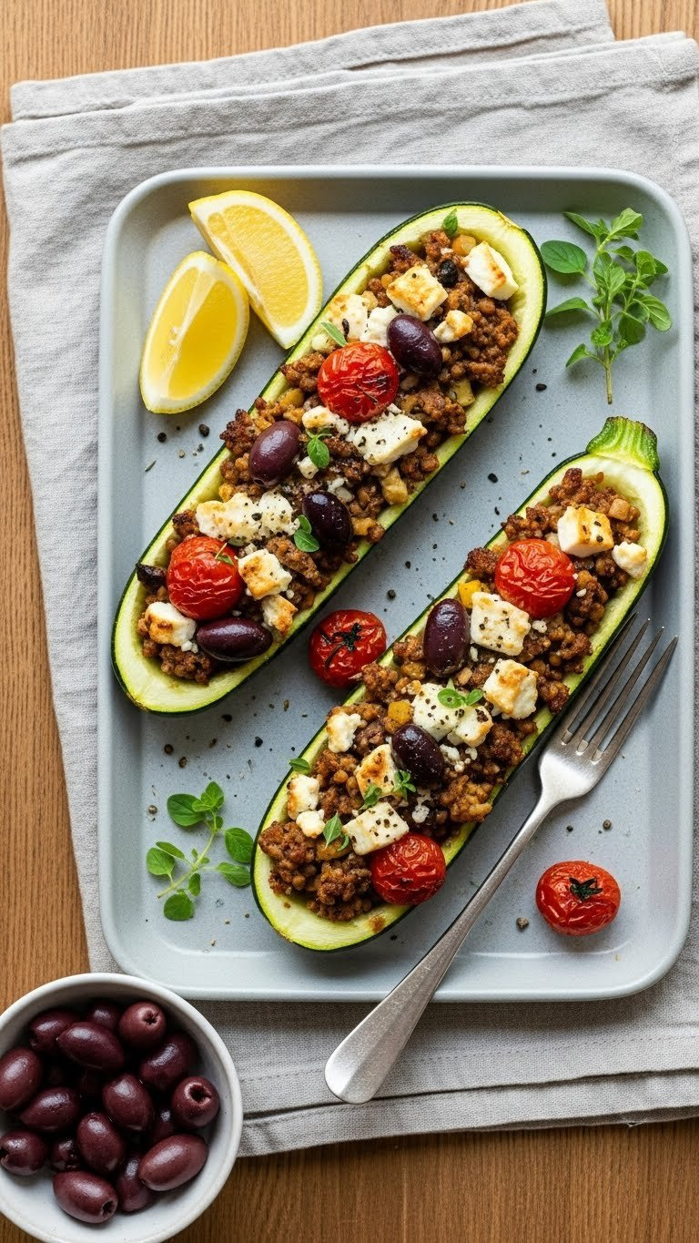 Mediterranean Baked Zucchini Boats Filled With Feta Cheese, Olives And Seasoned Meat On A Rustic Table With Oregano Garnish