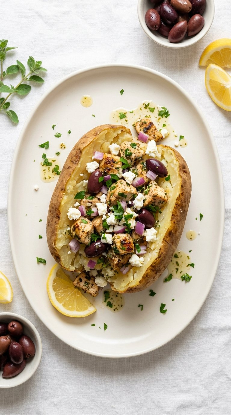 Mediterranean Chicken Baked Potato With Feta Cheese, Olives, Red Onion, And Parsley On Light Ceramic Platter