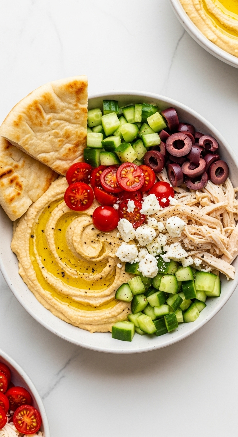 Mediterranean Chicken Hummus Bowl With Toppings Of Chicken Cucumber Tomatoes Feta Olives And Pita