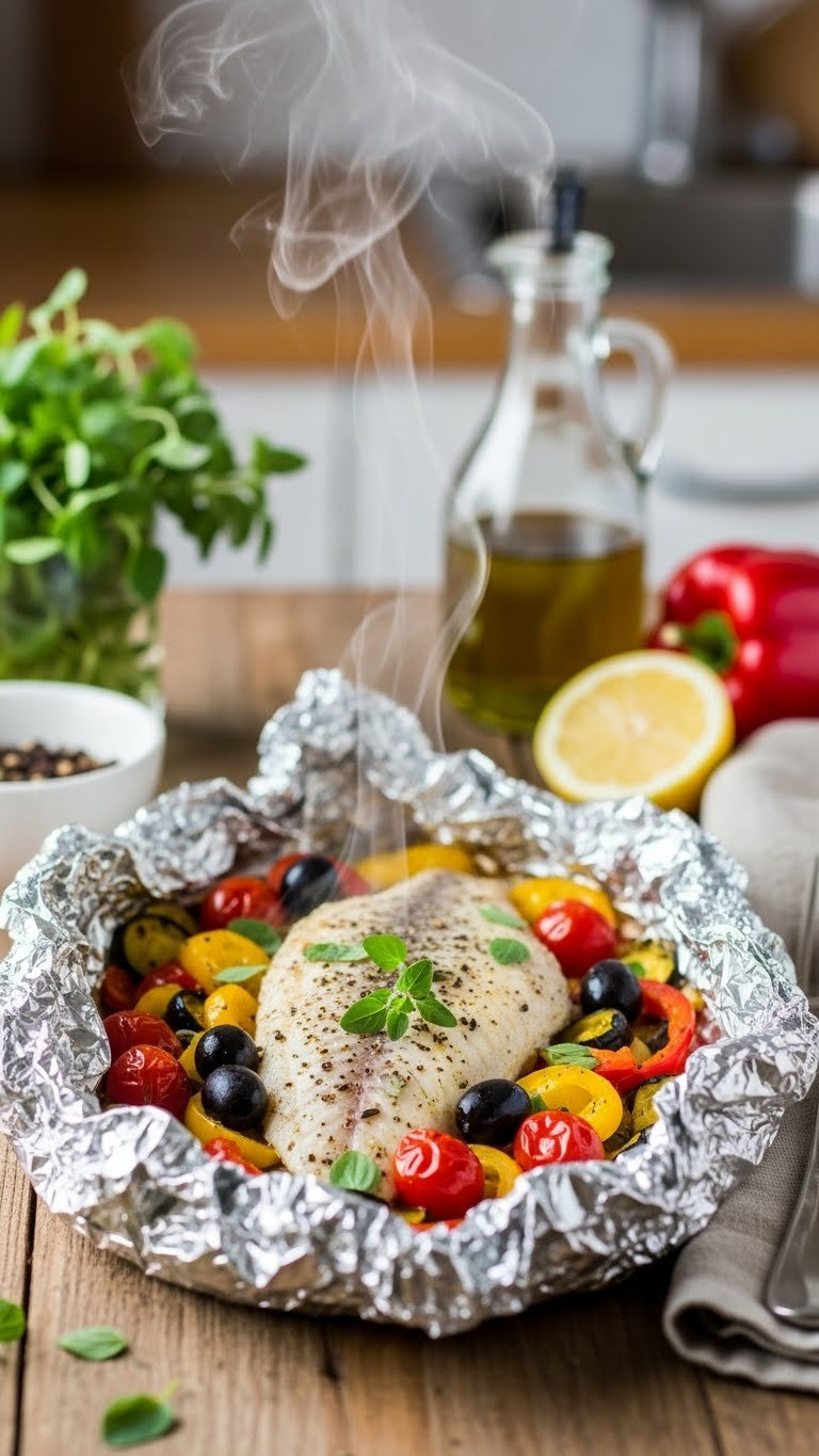 Mediterranean Foil Packet Tilapia Opened To Reveal Moist Fish With Cherry Tomatoes, Olives, And Bell Peppers