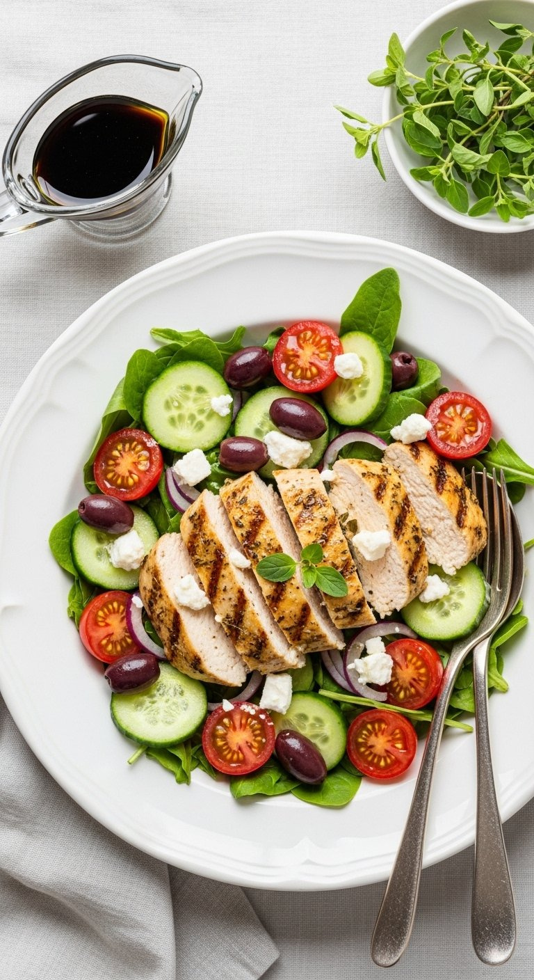 Mediterranean Grilled Chicken Salad Featuring Cherry Tomatoes, Cucumber, Olives, And Feta Cheese In A White Bowl.