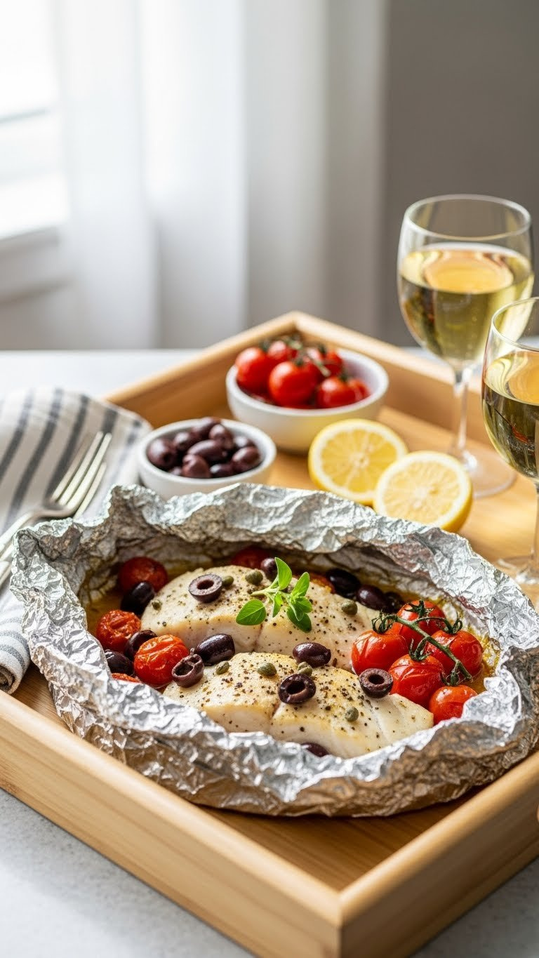 Mediterranean Halibut Fillets In Foil Packet With Cherry Tomatoes, Olives, And Oregano On Light Wooden Tray