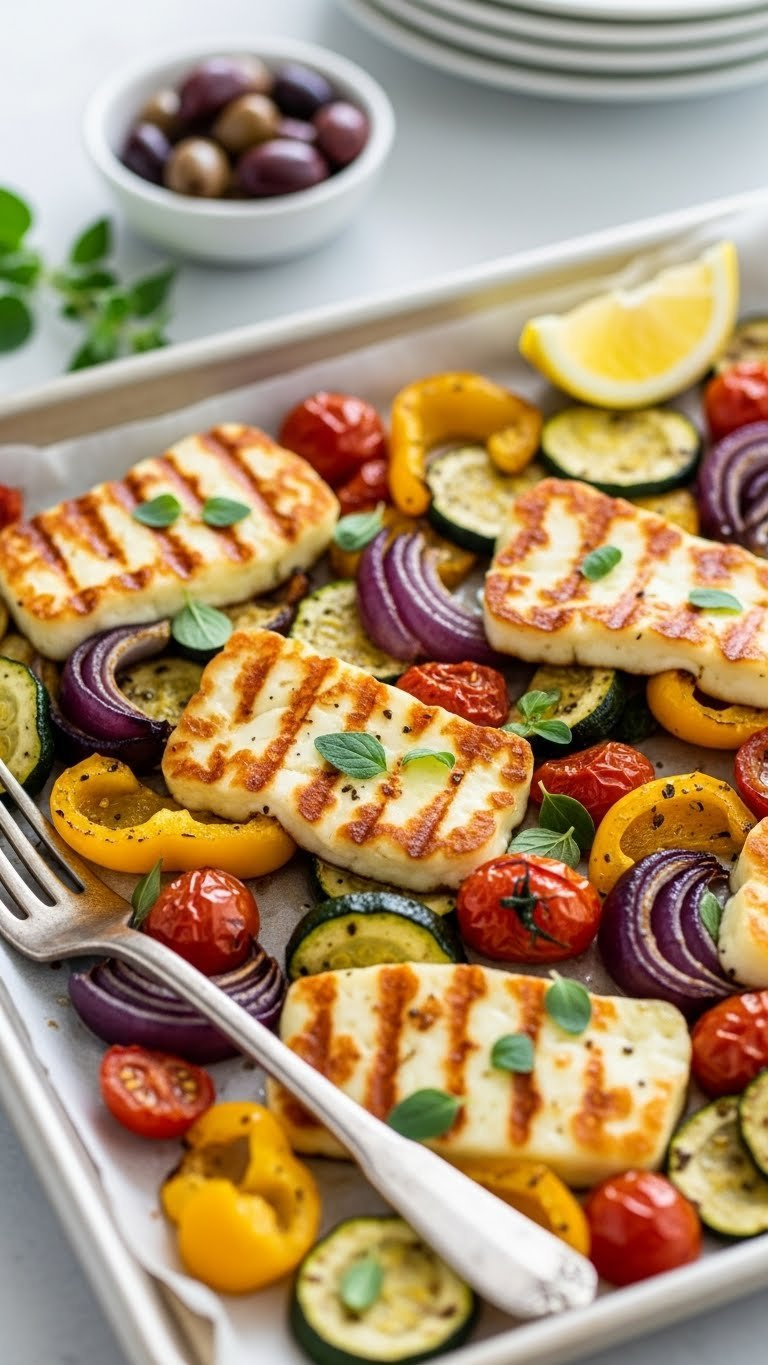Mediterranean Halloumi Cheese With Caramelized Vegetables Including Zucchini, Peppers, And Tomatoes On Baking Sheet.