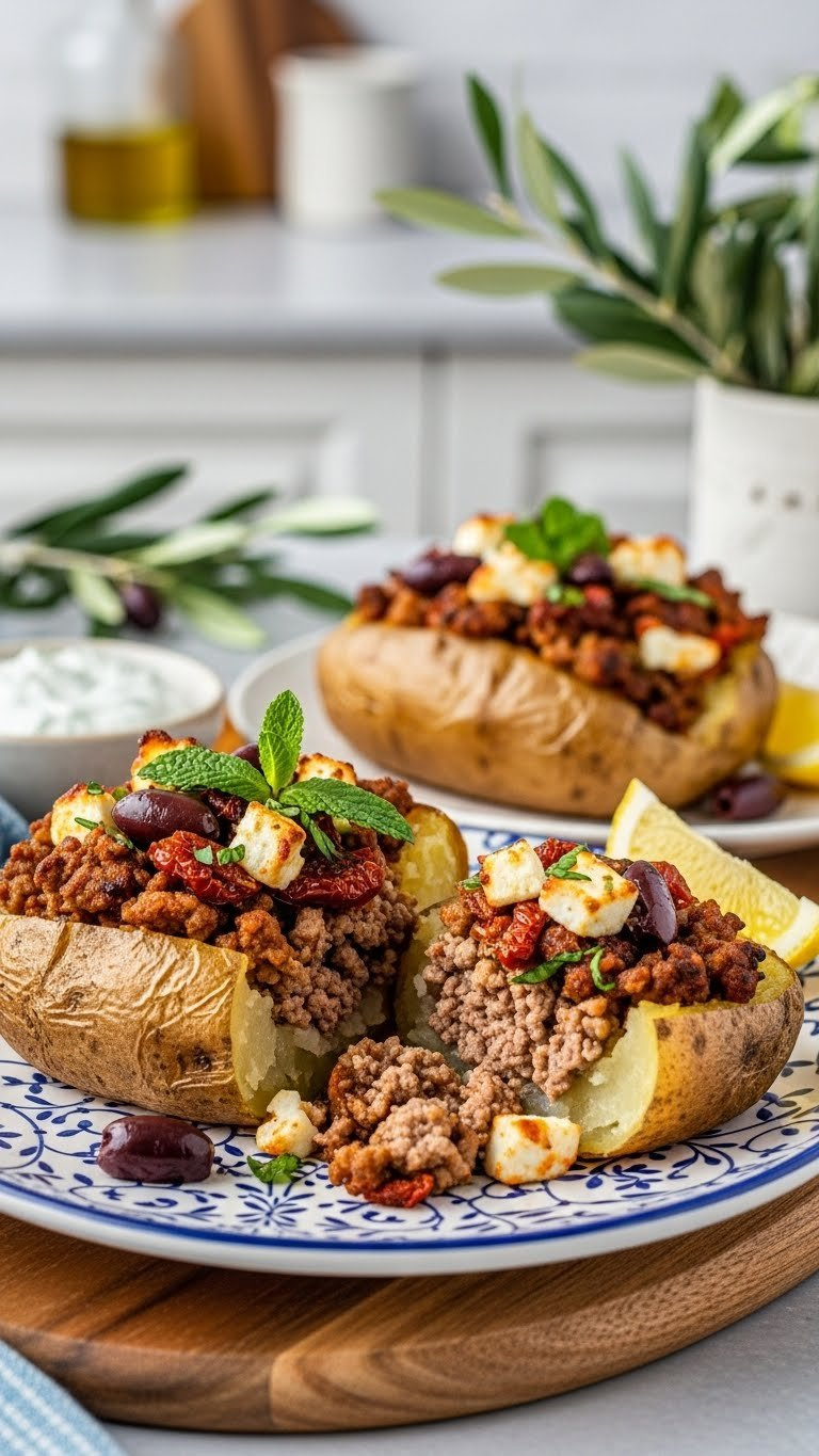 Mediterranean Lamb Feta Twice Baked Potatoes With Seasoned Ground Lamb, Feta Cheese, Olives, And Fresh Herbs