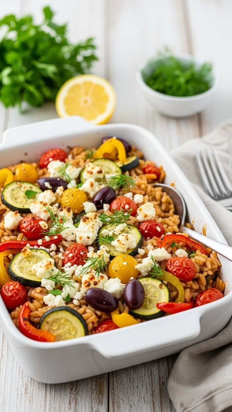 Mediterranean Orzo Bake With Feta Cheese And Roasted Vegetables In White Ceramic Baking Dish