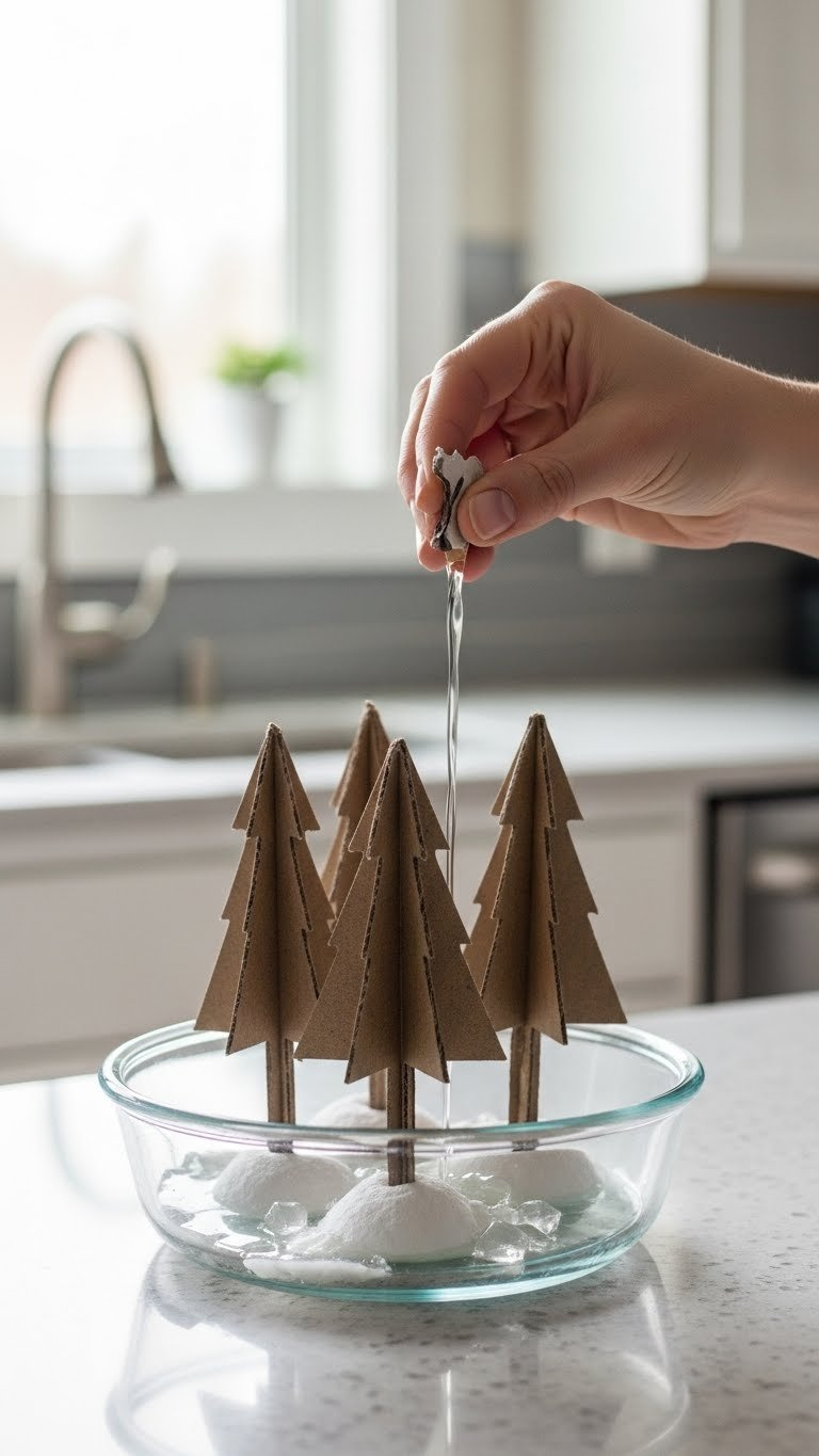 Medium Shot Of Shallow Glass Dish With Cardboard Tree Shapes Standing Upright In Clear Liquid Ready For Crystallization