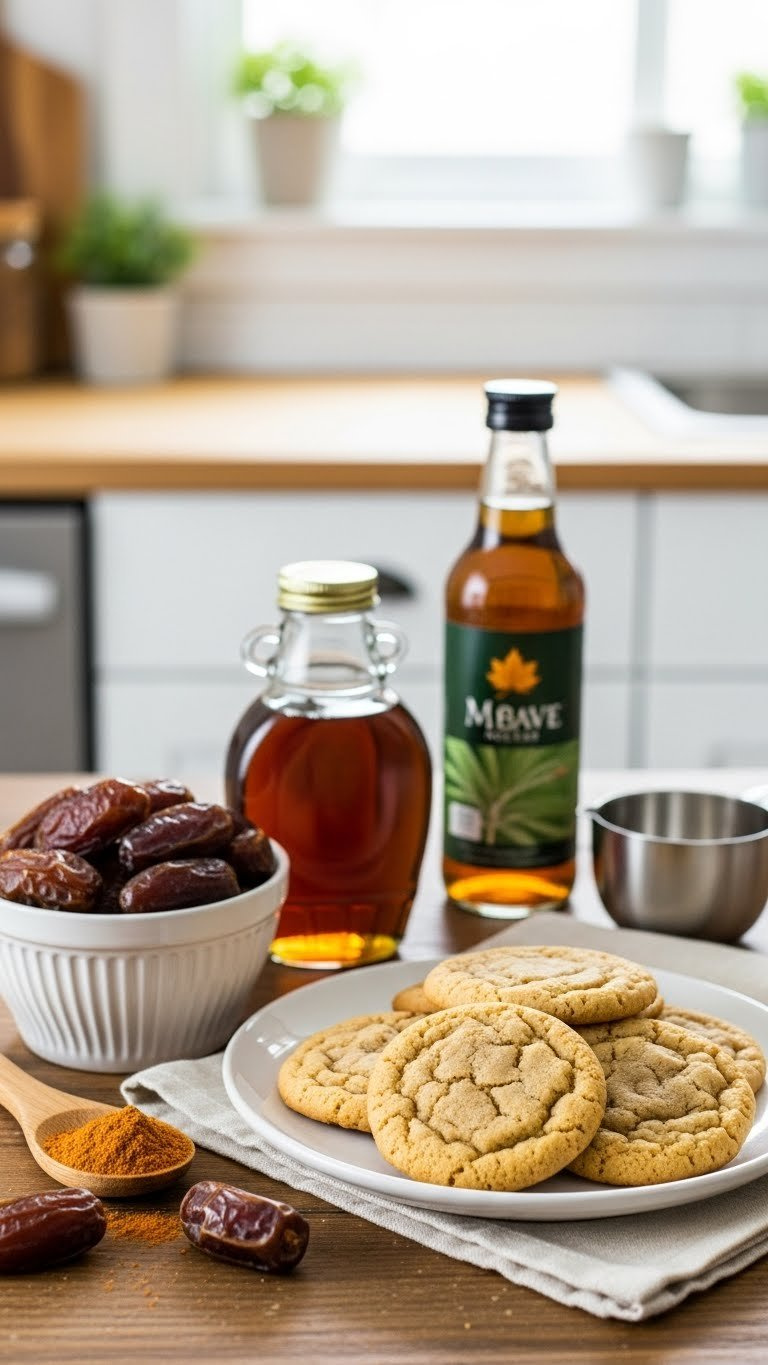 Medjool Dates, Maple Syrup, Agave Nectar, And Golden-Brown Cookies Arranged On Rustic Wooden Table With Natural Sweeteners