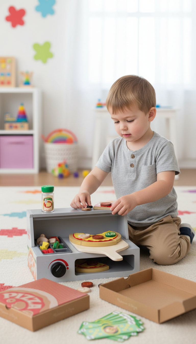 A Photo Collage Showing A Child Playing With The Melissa &Amp; Doug Pizza Counter, Sorting Toppings And Putting A Pizza In The Oven.