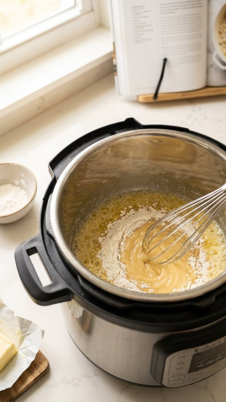 Melted Butter And Flour Being Whisked Into A Golden-Blonde Roux In An Instant Pot, With A Whisk In Motion And Soft Light.