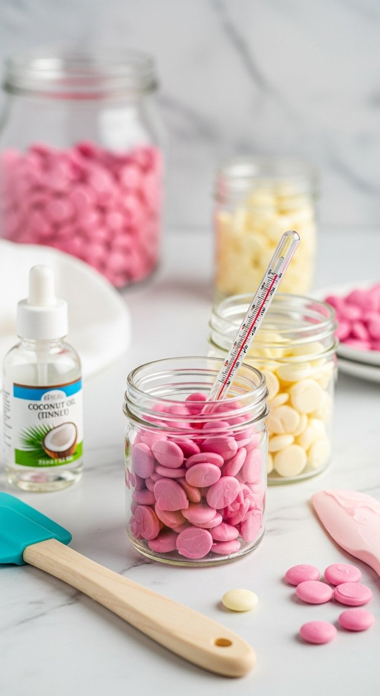 Melted Pink And White Chocolate Candy Melts In Glass Jars With A Thermometer, Showing Temperature Control For Cake Pop Dipping.