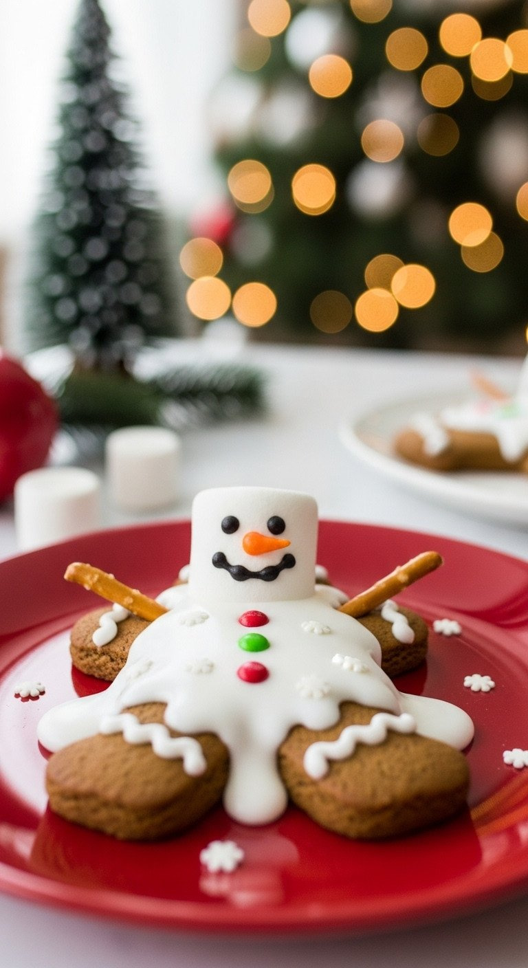 Melted Snowman Gingerbread Cookie: White Icing, Marshmallow Head, Pretzel Arms. Red Plate, Festive. Holiday Dessert.