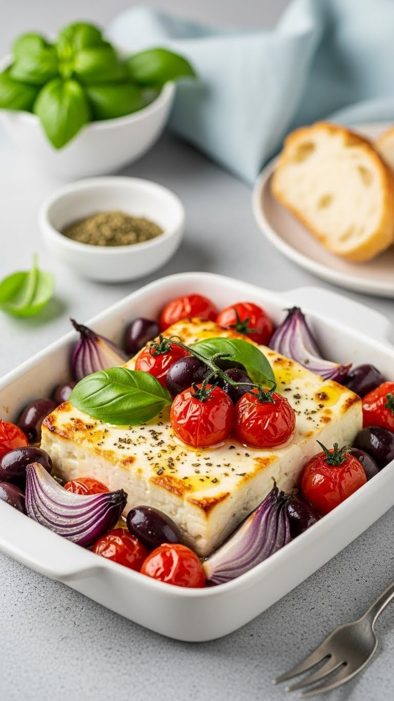 Melting Baked Feta Cheese Surrounded By Roasted Cherry Tomatoes And Kalamata Olives