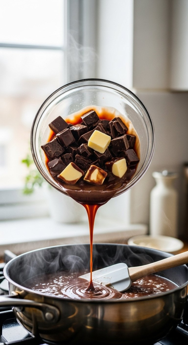 Melting Dark Chocolate Chunks And Butter Cubes In A Glass Double Boiler Bowl With Soft Window Light.