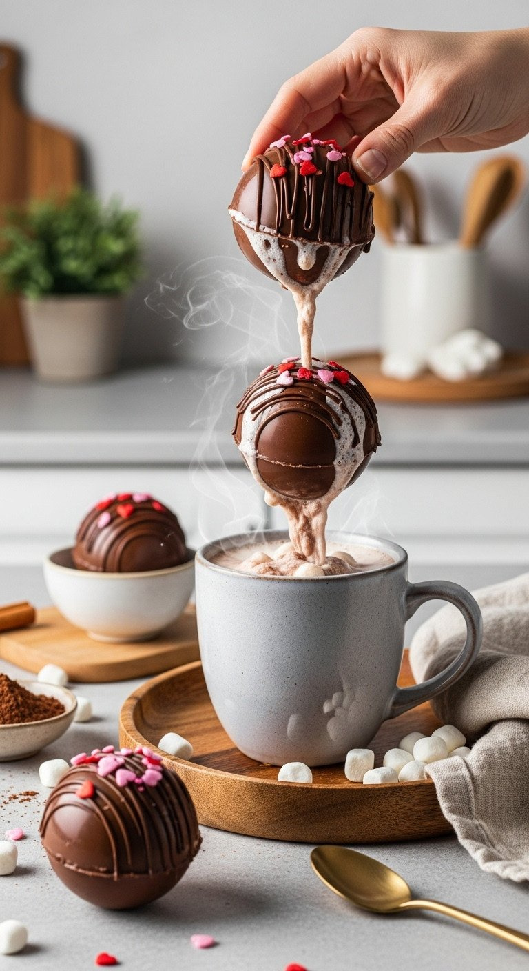 Melting Hot Cocoa Bomb With Marshmallows In A Ceramic Mug, Another Bomb On A Wooden Tray, For Valentine's Day.
