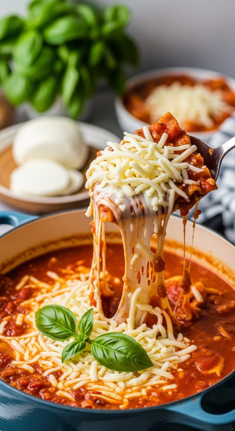 Melting Shredded Mozzarella And Fresh Basil In Hot Lasagna Soup In A Dutch Oven, Creating Delicious Cheese Pulls.