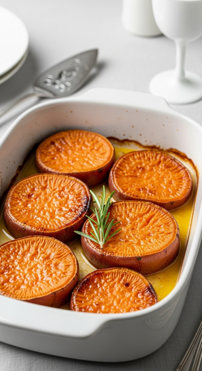 Melting Sweet Potato Slices With Caramelized Tops And Buttery Glaze In A White Ceramic Dish With Rosemary