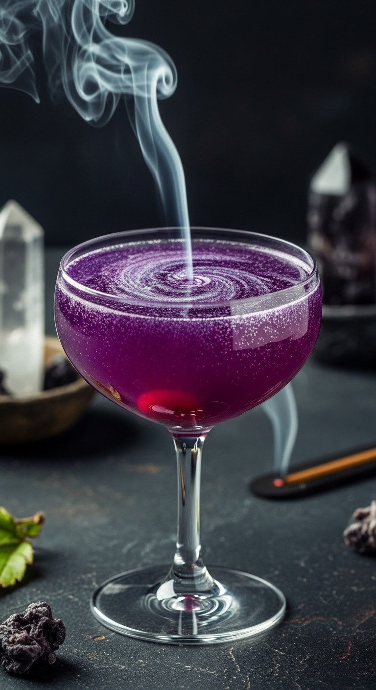 Mesmerizing Purple Witch's Heart Cocktail With Shimmering Edible Glitter And A Red 'Bleeding' Cherry In A Stemmed Glass.