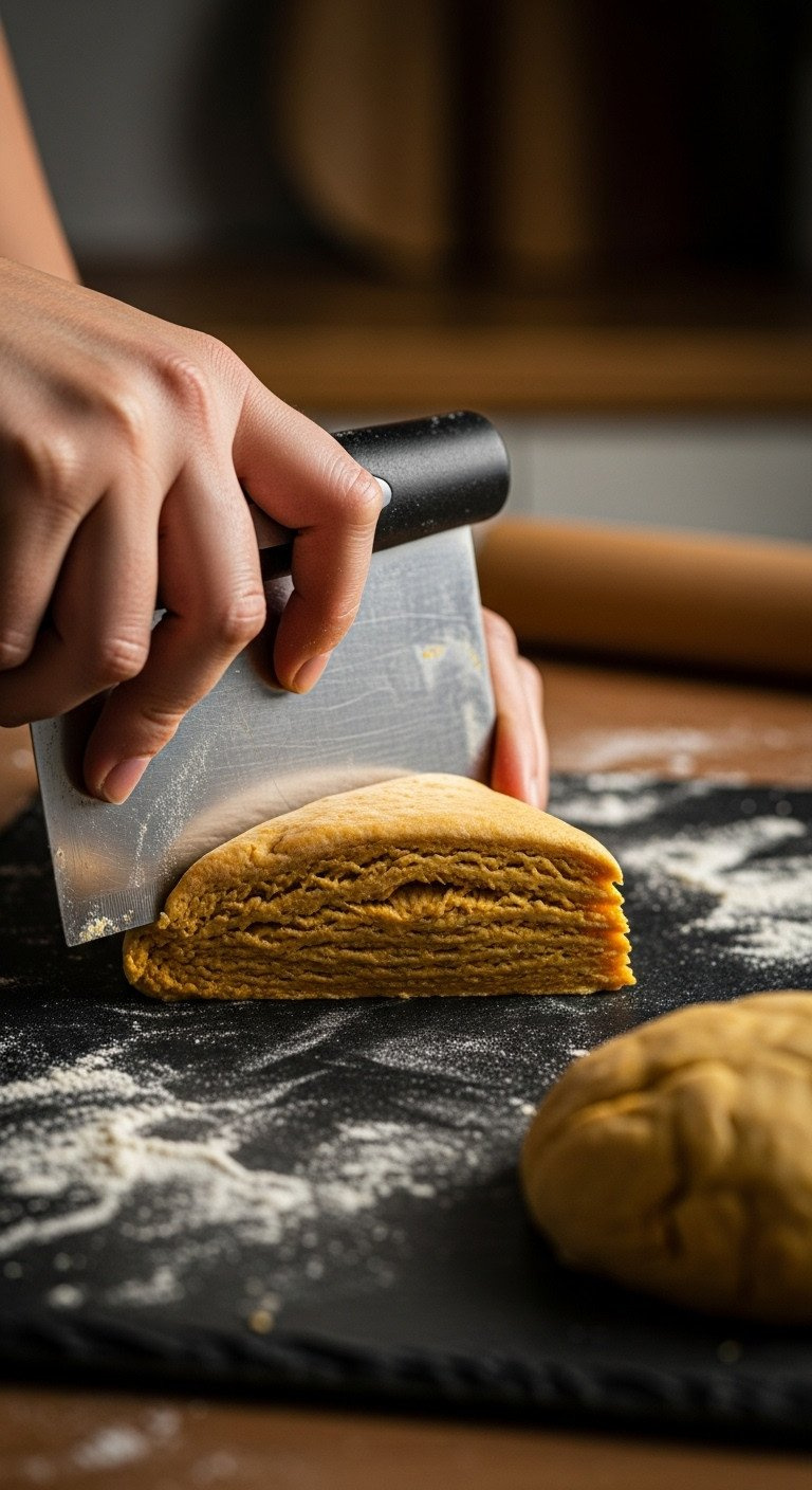 Metal Bench Scraper Cleanly Cutting Shaggy Pumpkin Scone Dough Into A Triangular Wedge On A Floured Slate Surface, Showing Dough Layers.