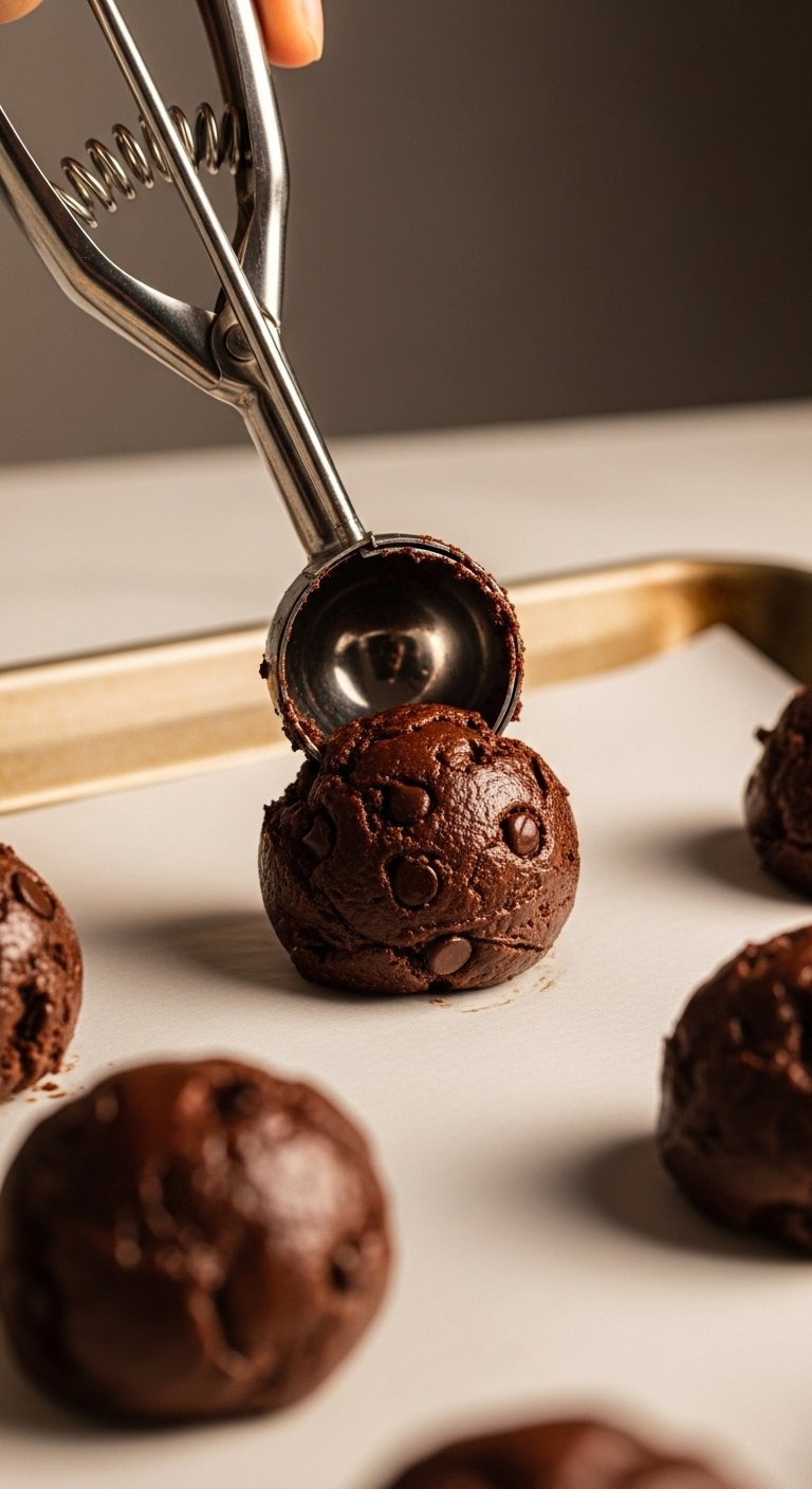 Metal Cookie Scoop Portioning Glistening Dark Chocolate Dough Balls Onto A Parchment Lined Baking Sheet.