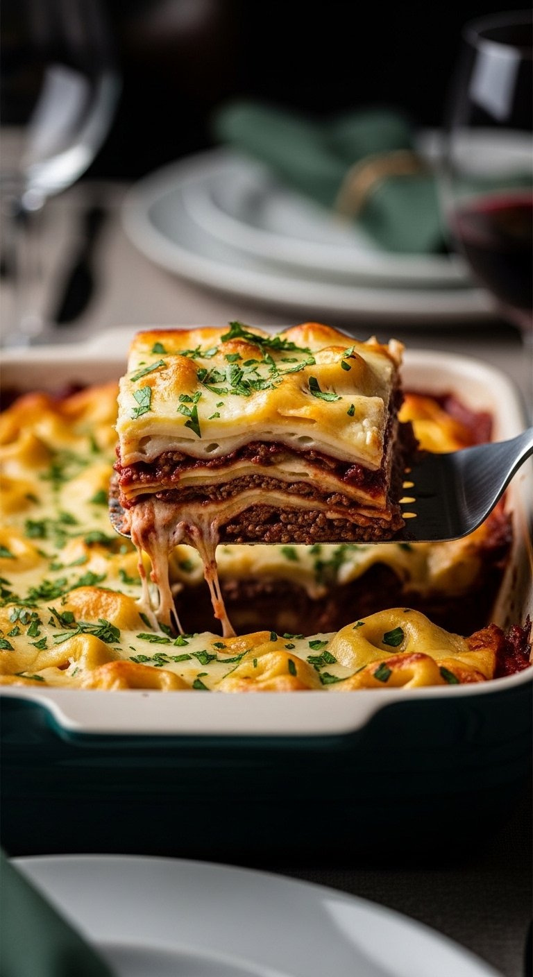 Metal Spatula Lifting A Cheesy Square Portion Of Beefy Tortellini Bake Garnished With Fresh Parsley.