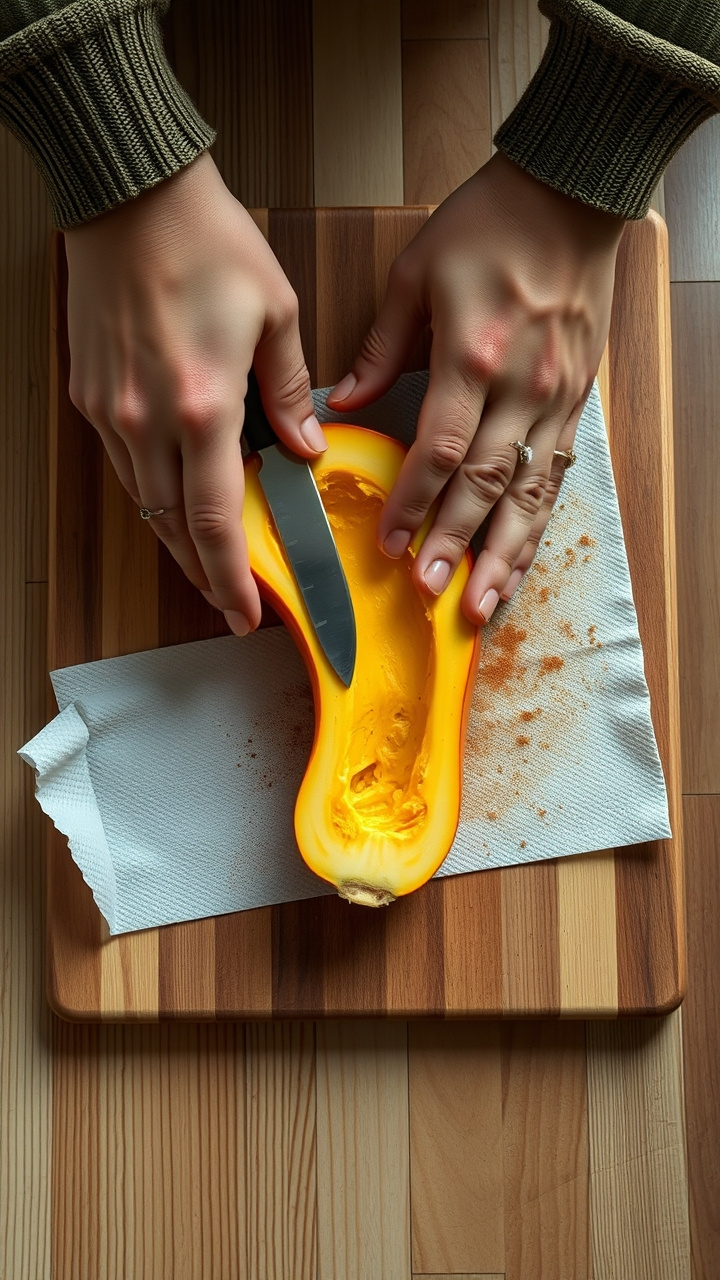 Metal Spatula Lifting Roasted Delicata Squash Slice, Revealing Crispy Caramelized Golden-Brown Bottom From Baking Sheet. Cooking Technique.