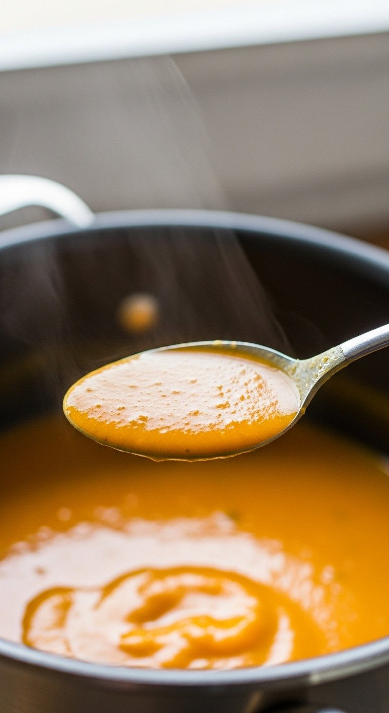 Metal Tasting Spoon Lifting Creamy Orange Pumpkin Soup From Pot. Authentic, Cozy Homemade Recipe Tasting Moment For Lifestyle Content.