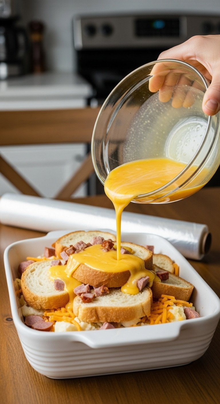Metal Whisk Mixing A Smooth Pale Yellow Egg And Milk Custard In A Glass Bowl On A Marble Counter, Recipe Prep.