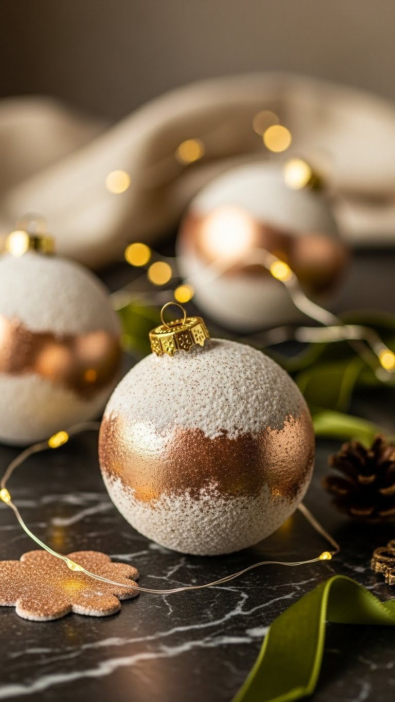 Metallic Dust Finish Baking Soda Paint Ornaments With Antique Gold Shimmer And Textured Surface On Dark Marble With Fairy Lights
