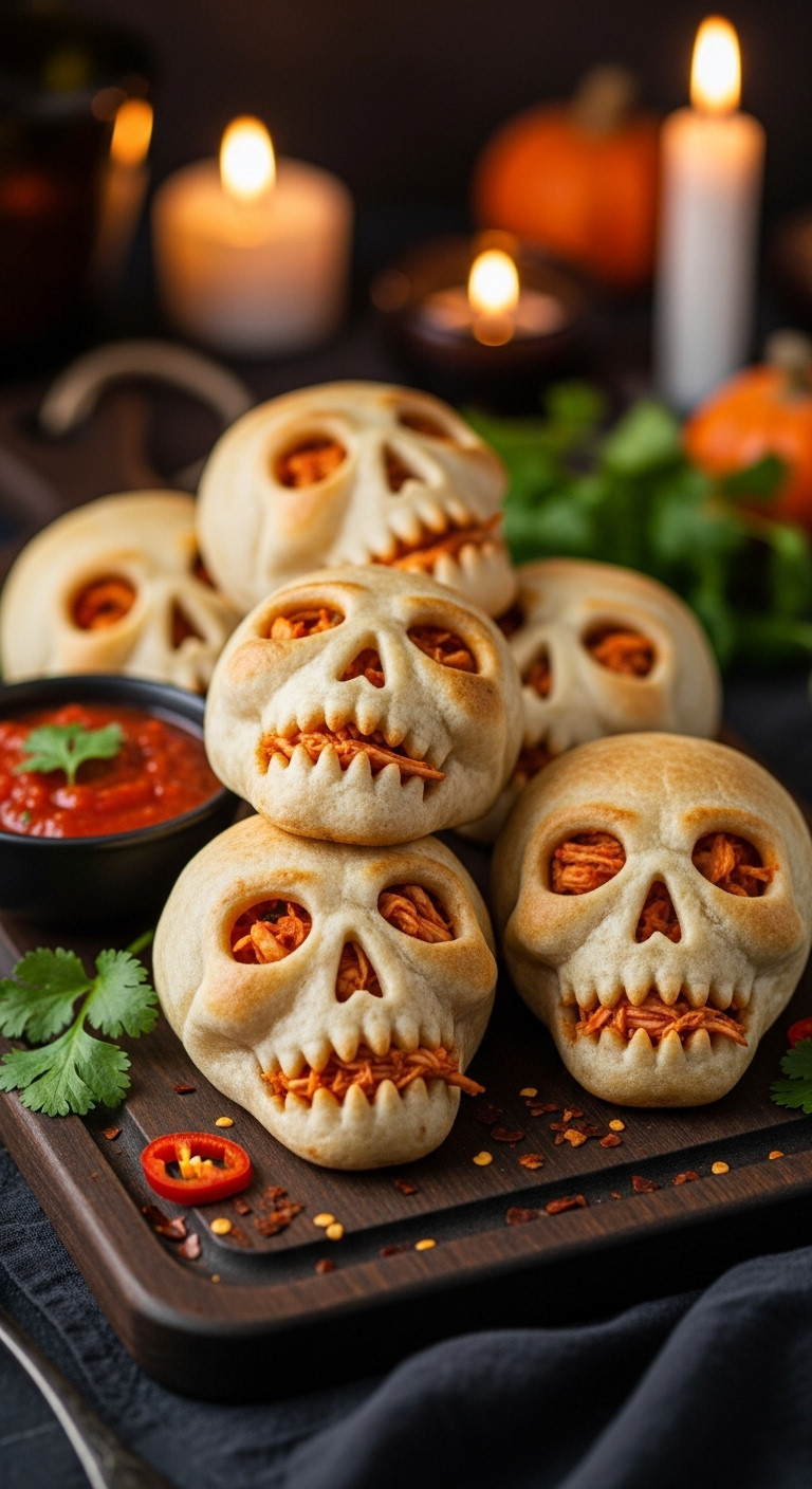 Mexican Halloween Burrito Skulls: Golden Tortillas Shaped As Skulls With Spicy Chicken &Amp; Bean Filling. Spooky Party Food Idea.