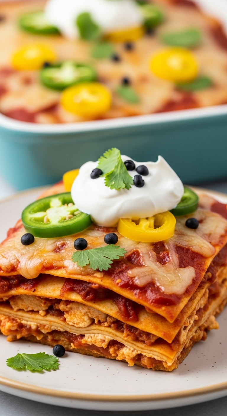 Mexican Enchilada Bake Slice With Sour Cream, Cilantro, And Jalapeños On A Plate