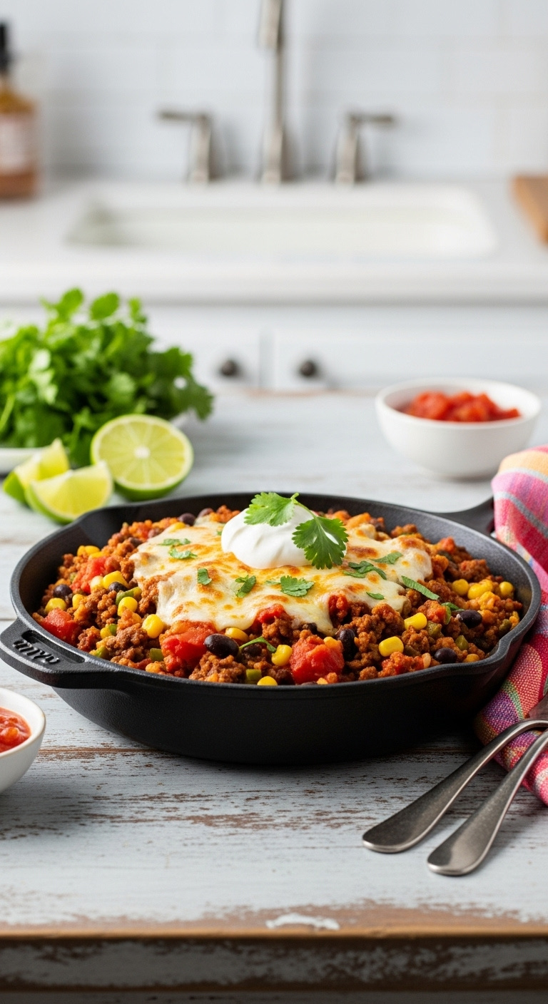Mexican Fiesta Ground Beef And Rice Skillet With Black Beans Corn Tomatoes Melted Cheese Sour Cream Cilantro On Distressed Wood Table With Lime And Salsa