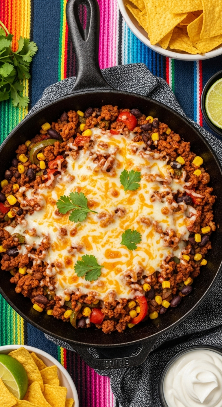 Mexican Ground Beef Skillet With Black Beans Corn Bell Peppers Melted Cheese And Cilantro On Colorful Blanket With Tortilla Chips Lime And Sour Cream