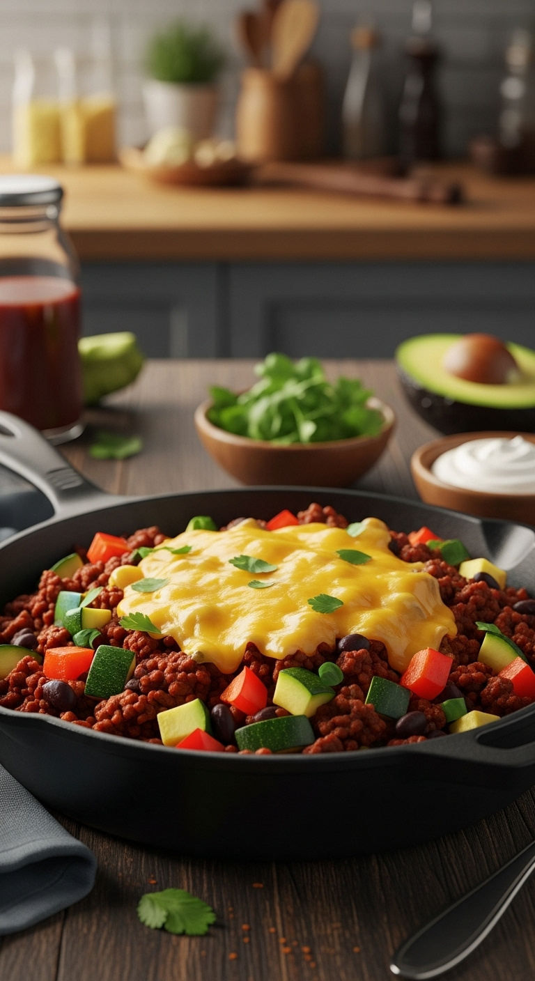 Mexican Inspired Ground Beef And Zucchini Skillet With Bell Peppers Black Beans And Melted Cheddar On Rustic Wood Table With Cilantro Avocado Sour Cream