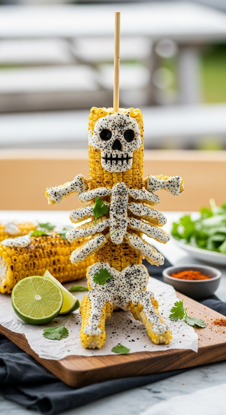 Mexican Skeleton Elote: Grilled Corn Cobs As A Ribcage, Creamy Sauce, Black Spice, Lime, Cilantro. Spooky Halloween Party Food.