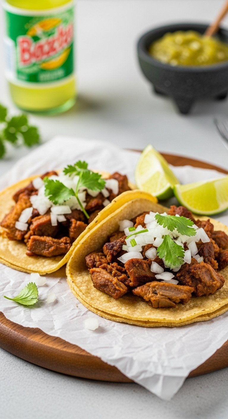 Mexican Street Tacos Filled With Carnitas Topped With Onion And Cilantro Served On A Wooden Board With Lime.