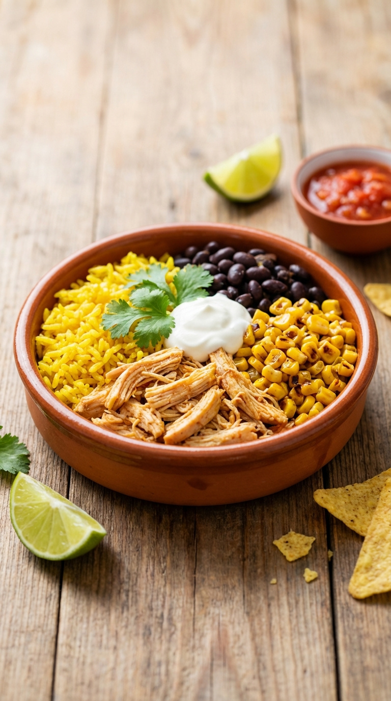 Mexican-Style Chicken And Rice Bowl With Yellow Rice, Black Beans, Corn, Cilantro, And Sour Cream In Terracotta Bowl