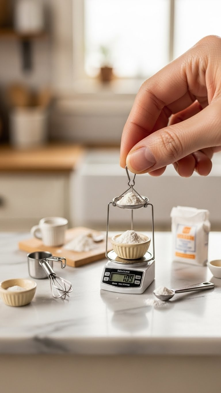 Micro-Scale Digital Kitchen Balance Weighing Flour In Miniature Ceramic Bowl With Measuring Spoon On Marble Countertop Under Soft Natural Lighting.
