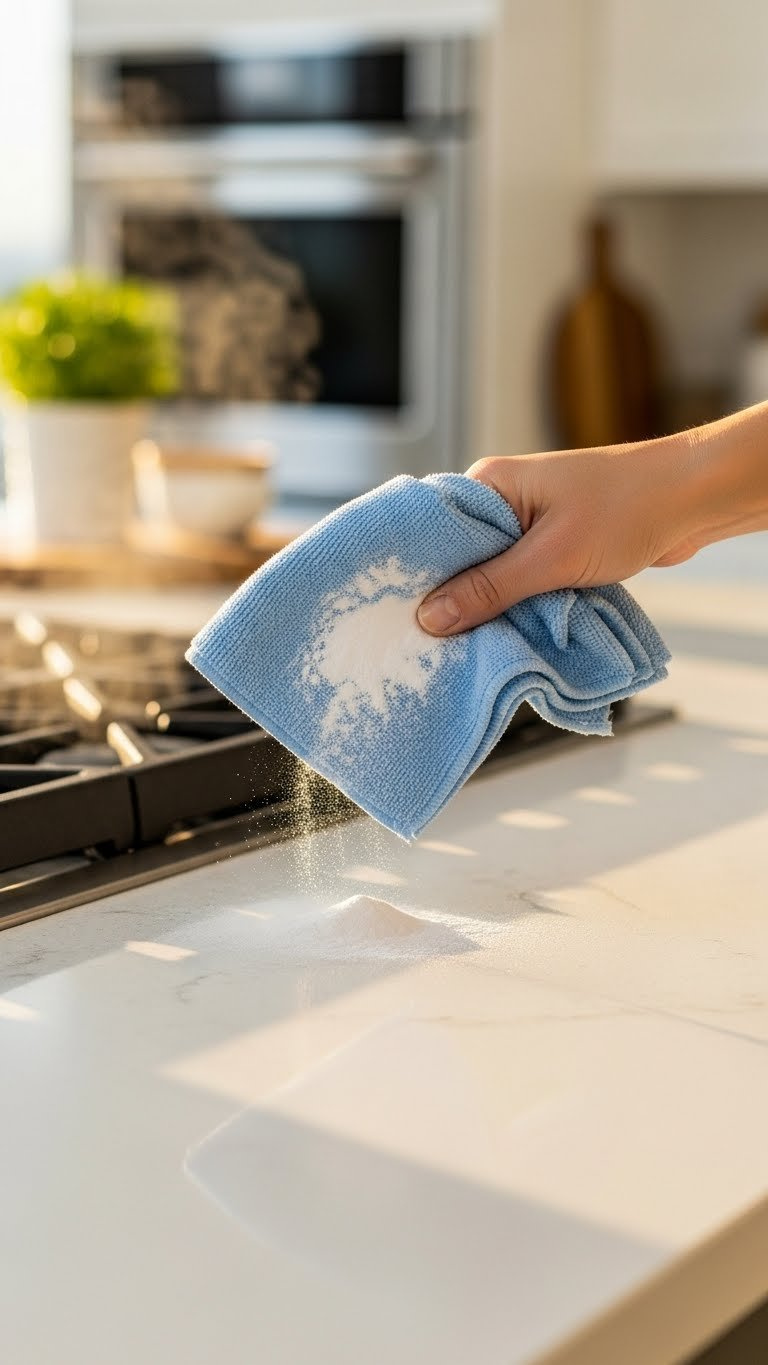 Microfiber Cloth Dusted With Baking Soda Cleaning Sparkling Quartz Kitchen Countertop With Soft Bokeh Background.