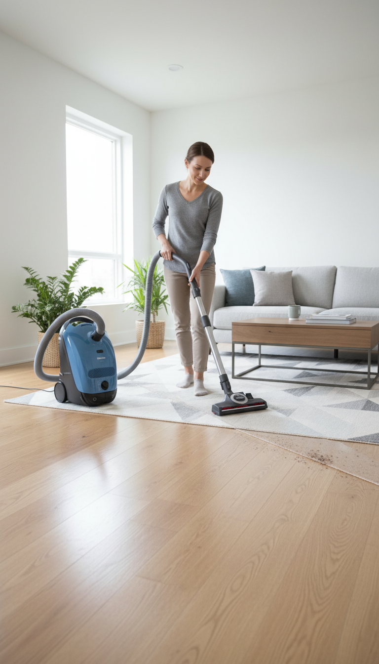 A Photo Of The Miele C1 Canister Next To Both The Turboteq And Parquet Floorheads, With Various Debris Types On A Mixed-Surface Floor.