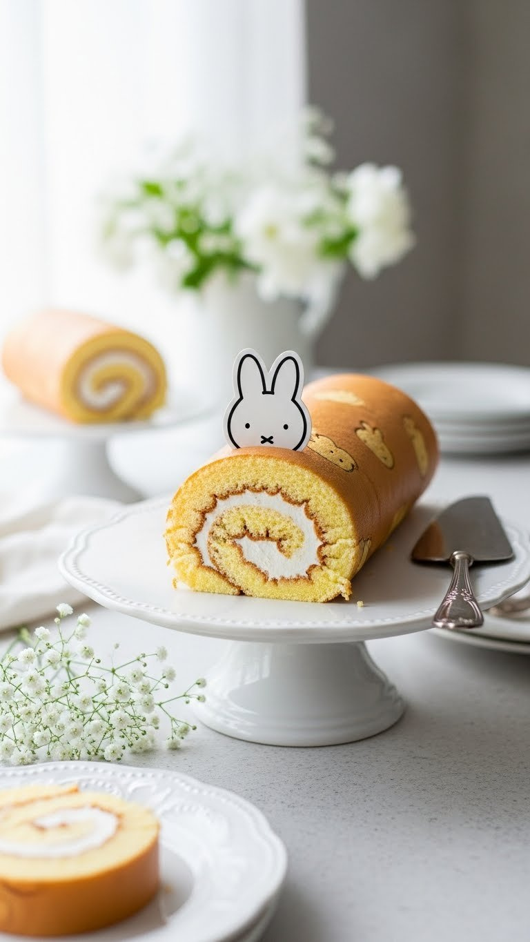 Miffy Swiss Roll Cake Cross-Section Showing Interior Patterns On Porcelain Cake Stand With Floral Accents