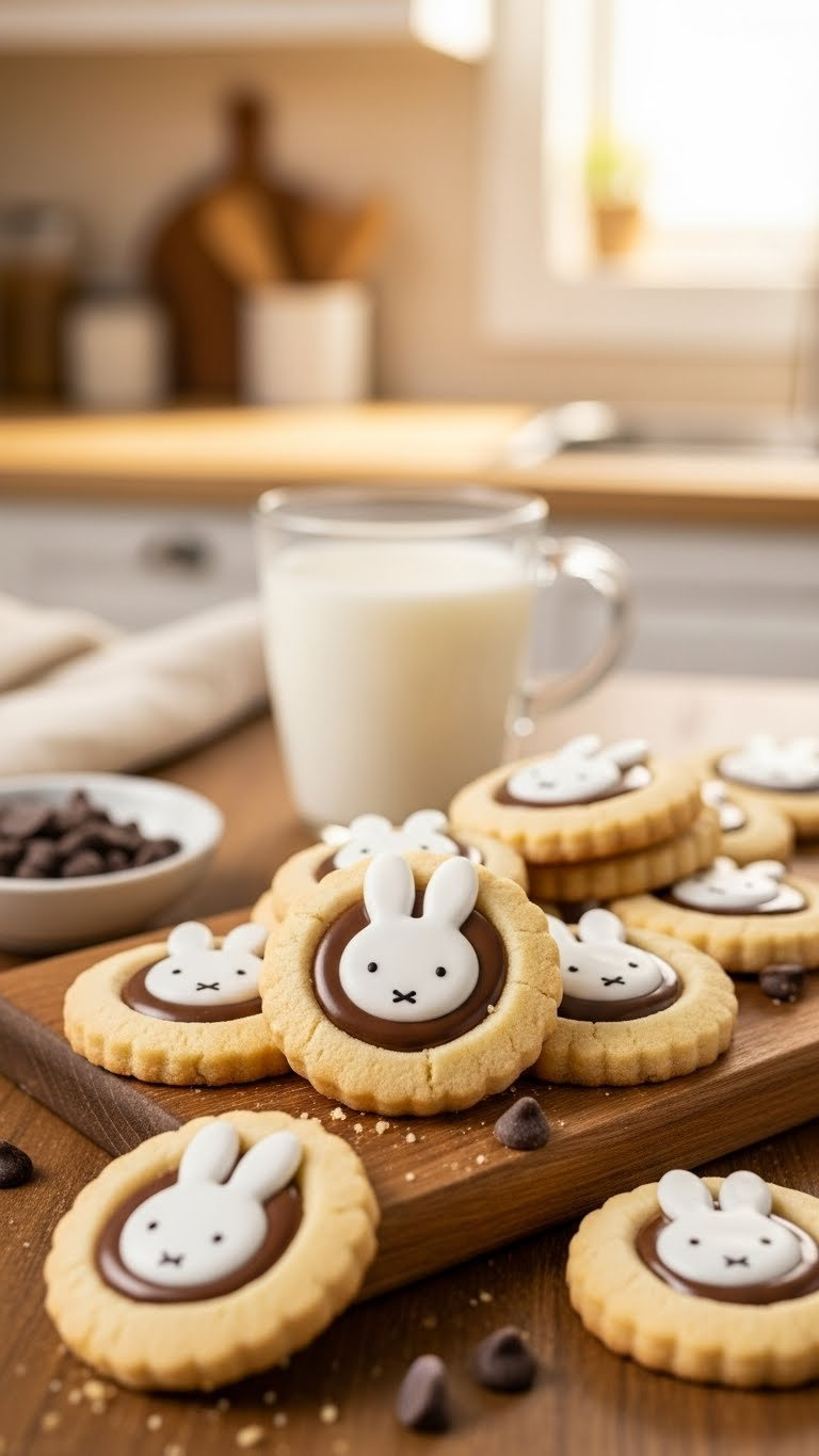 Miffy Chocolate Thumbprint Cookies With Chocolate Filling And White Faces On Rustic Wooden Board
